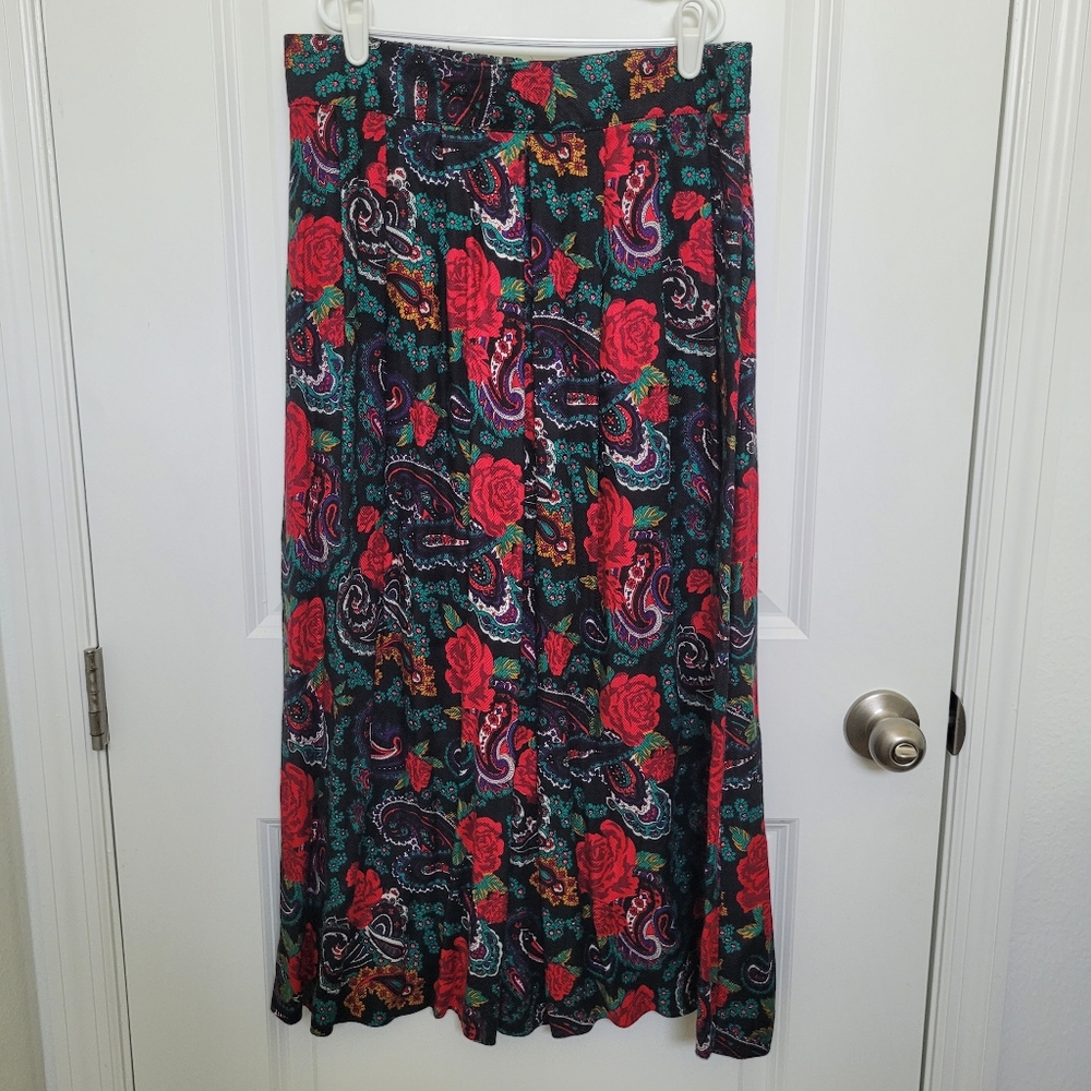 Norton McNaughton Floral Vintage Witchcore Moody Vibrant Pleated Midi Skirt 14 - Picture 2 of 9